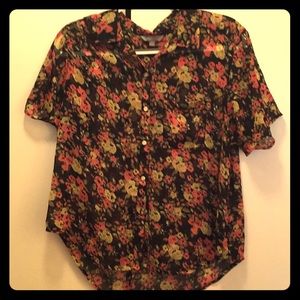 Nordstrom Black Blouse with Pink and Yellow Flower